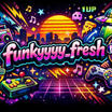 Funky Fresh (funkyyyy_fresh) official gaming channel avatar featuring a vibrant retro synthwave sunset, neon grid floor, city skyline silhouette, and classic arcade game controller illustrations in a signature neon teal and neon pink cyberpunk aesthetic.